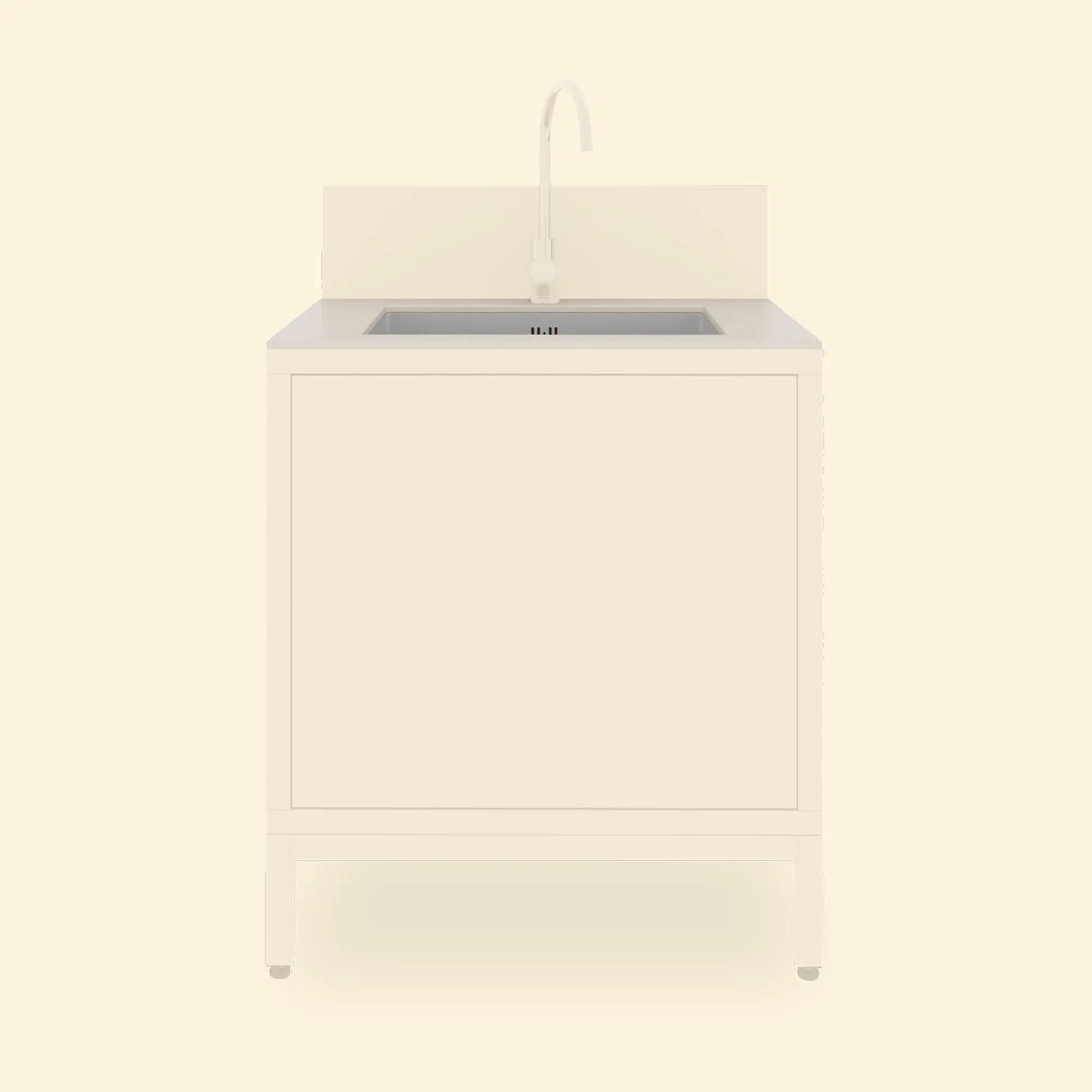 Spülenmodul Pilotis in Cremeweiß mit heller Keramik-Arbeitsplatte und integrierter Spüle
::visuel:creme