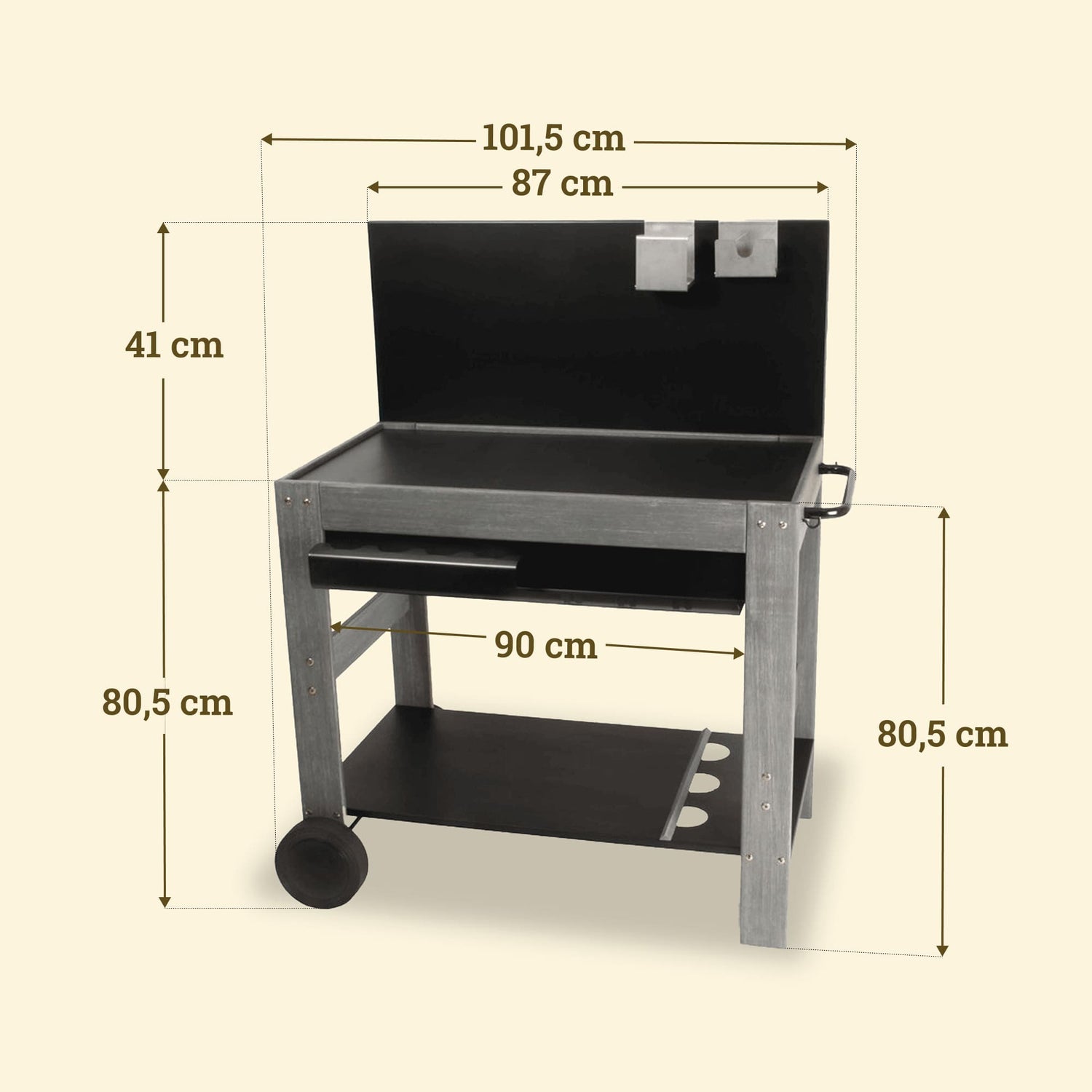 Vivaplancha Beistelltisch aus Holz mit Rückwand, 101,5 cm breit, 90 cm Ablagefläche und 80,5 cm Höhe, ausgestattet mit Halterungen für Zubehör.