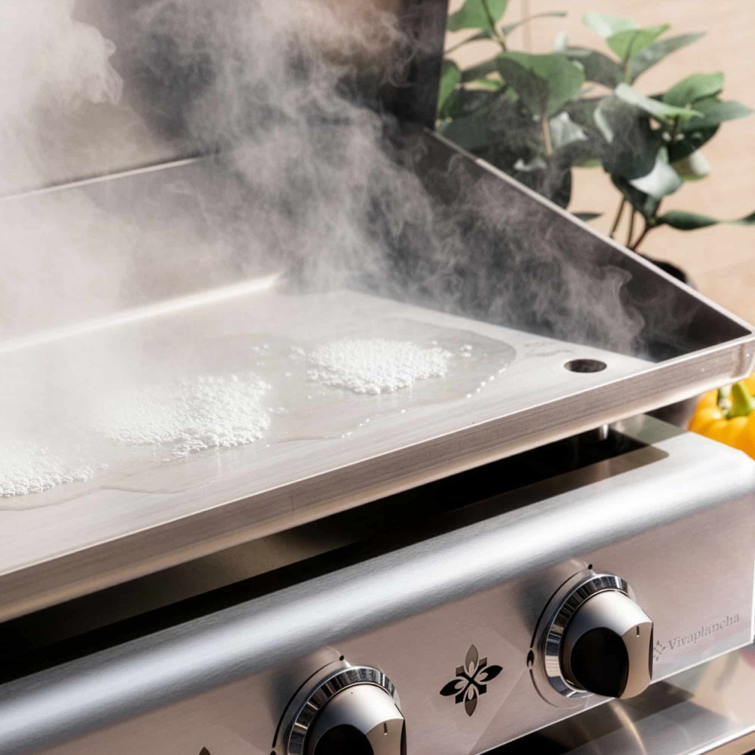 Pflege der Vivaplancha-Plancha-Platte mit heißem Wasser, Entfernung von Rückständen nach dem Grillen