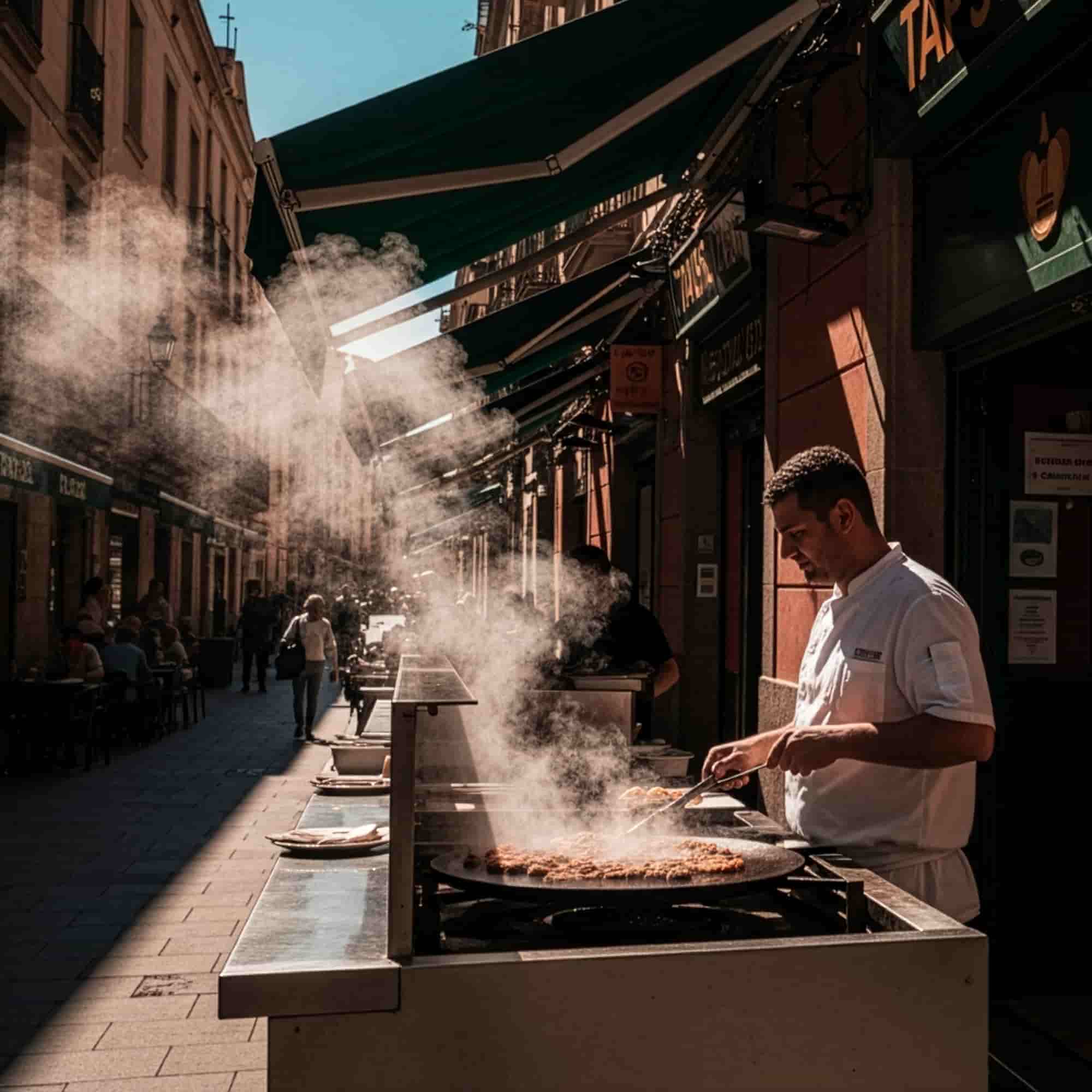 Straßenszene mit einem Koch, der im Freien auf einer professionellen Plancha Speisen zubereitet, mitten in einer belebten Straße, die von Restaurants und Terrassen gesäumt ist.