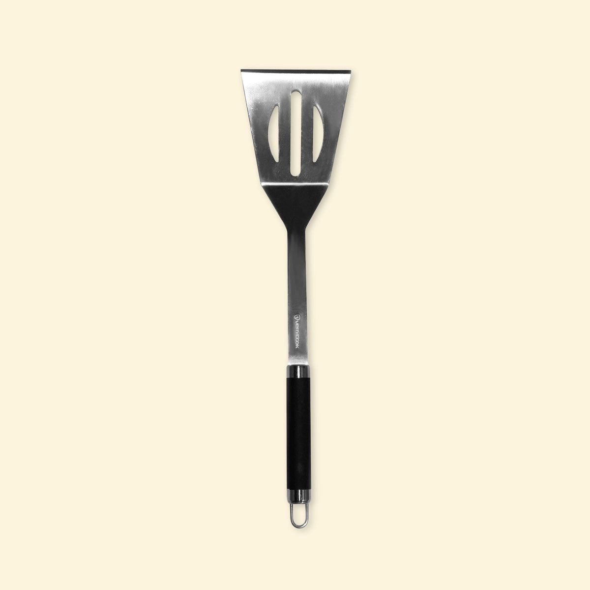 Langer XL Edelstahlspatel mit schwarzem Griff, Vorderansicht vor einfarbigem Hintergrund, ideal zum Wenden und Handhaben von Speisen auf der Plancha.