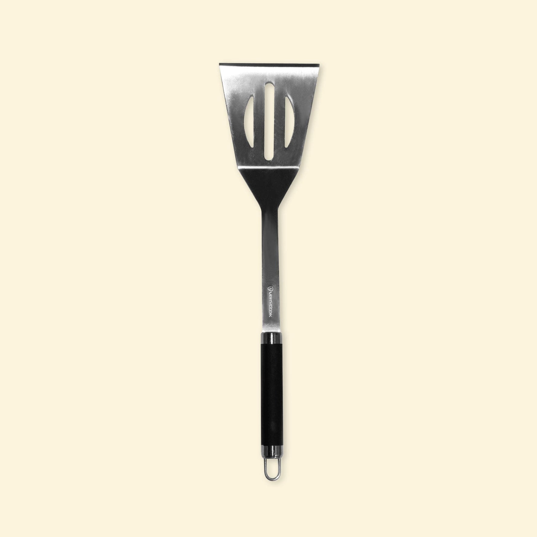 Langer XL Edelstahlspatel mit schwarzem Griff, Vorderansicht vor einfarbigem Hintergrund, ideal zum Wenden und Handhaben von Speisen auf der Plancha.