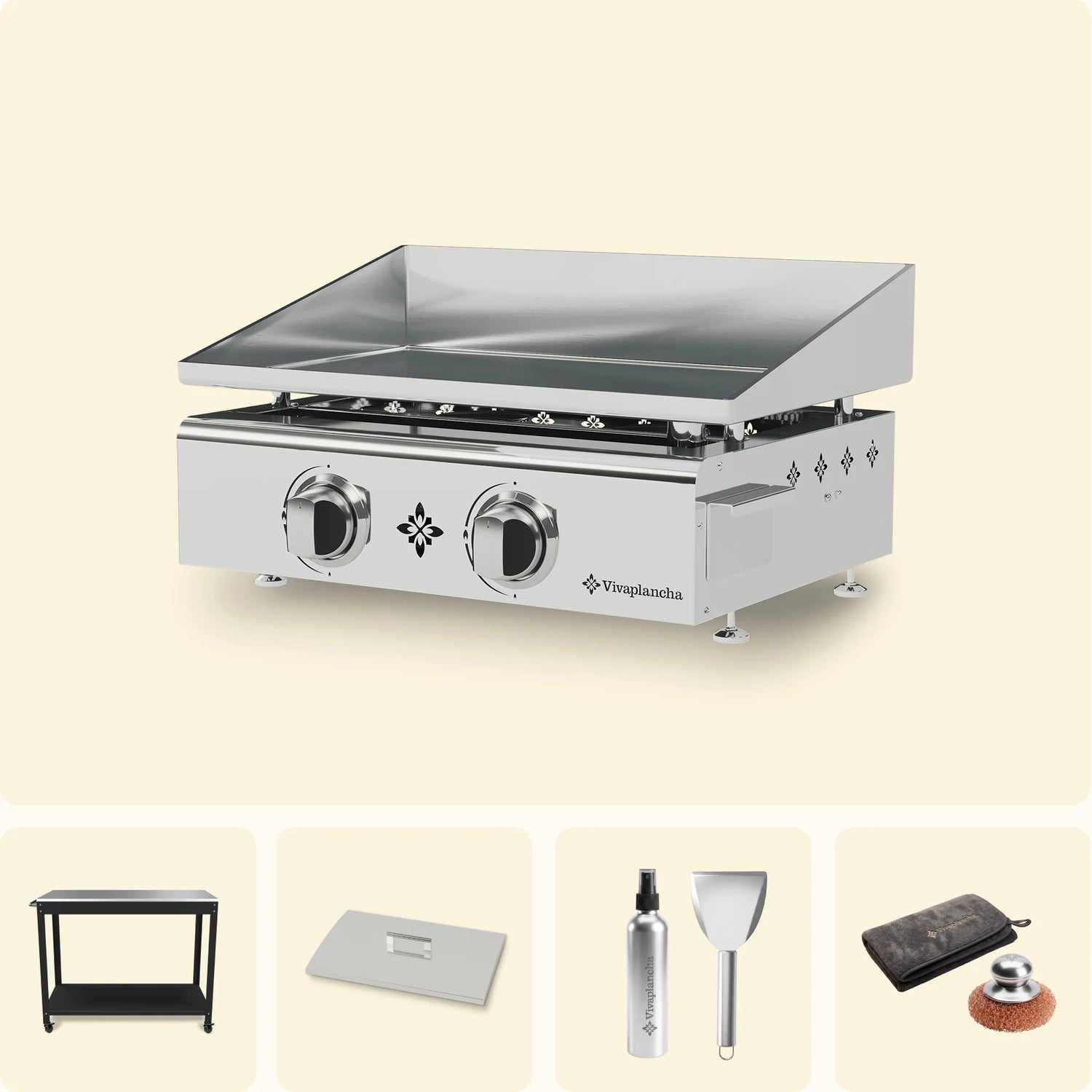 Set Gas-Plancha aus Edelstahl FLAMENCO 2 Brenner + Deckel + Zubehör + Wagen