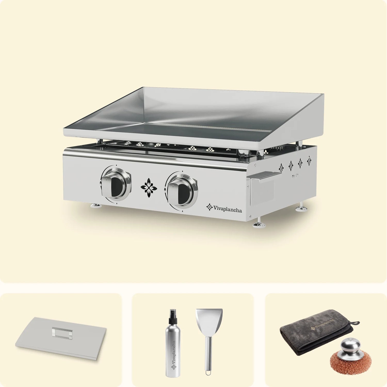 Set Gas-Plancha aus Edelstahl FLAMENCO mit 2 Brennern + Deckel + Zubehör
