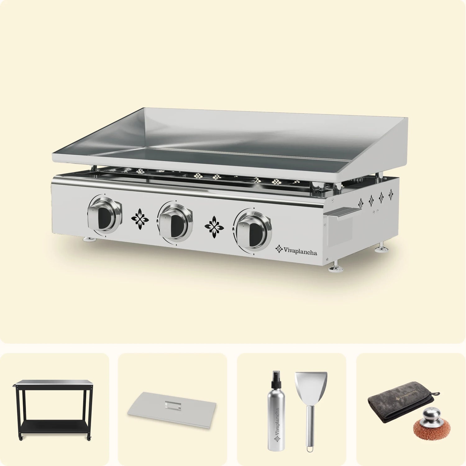 Set Gas-Plancha aus Edelstahl PIMIENTOS 3 Brenner + Deckel + Zubehör + Wagen