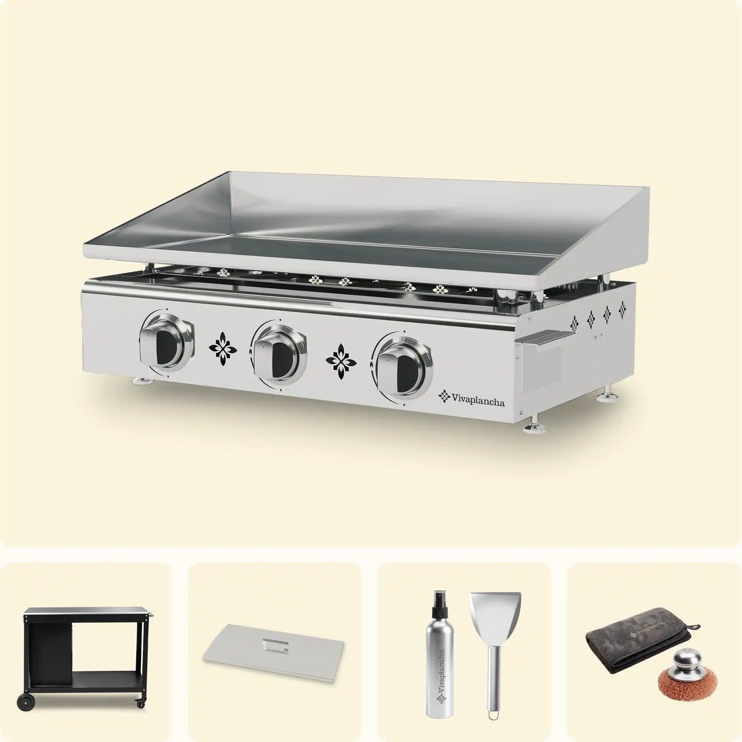 Pack plancha Vivaplancha Pimientos avec chariot, couvercle de protection et accessoires.
::visuel:aveccache