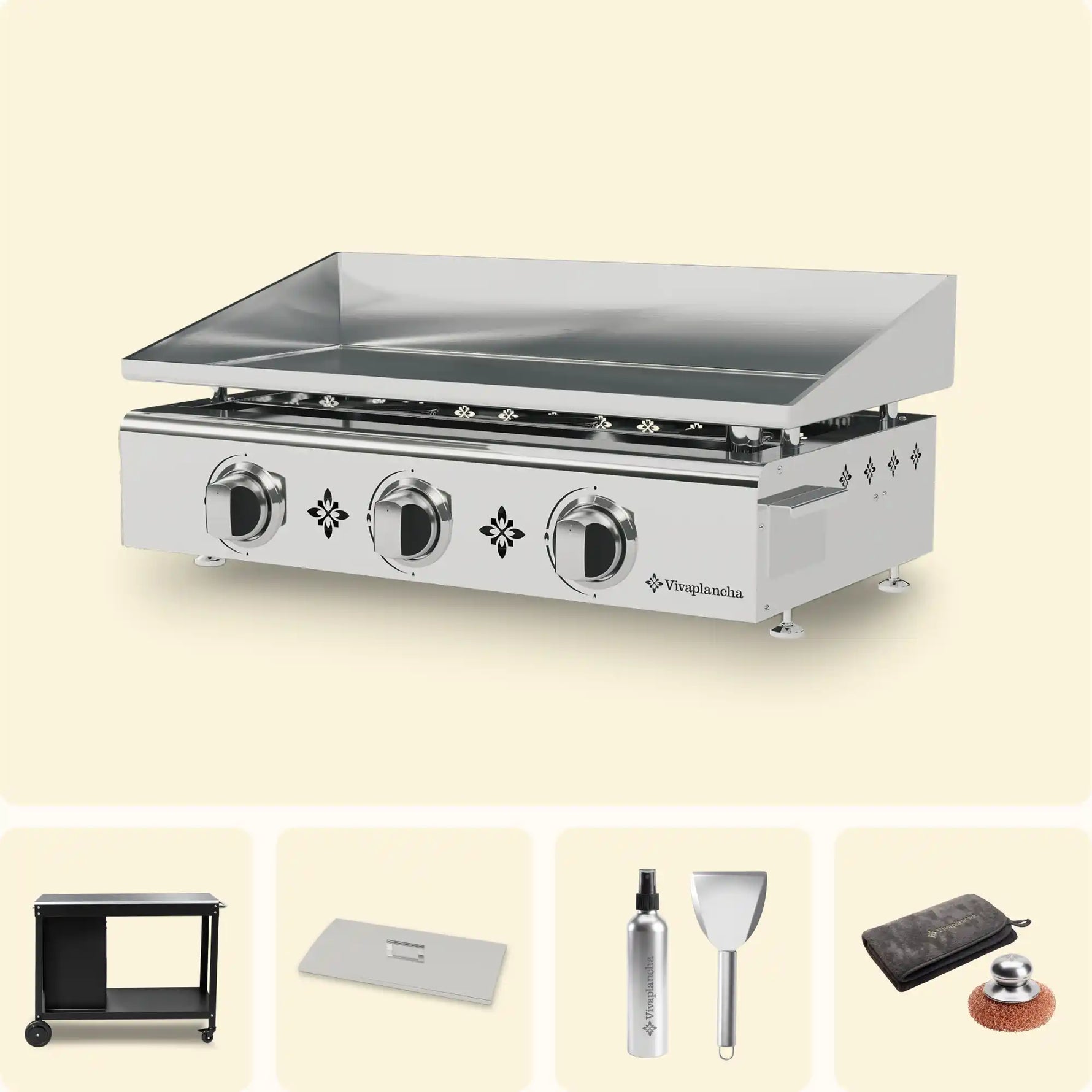 Pack plancha Vivaplancha Pimientos avec chariot, couvercle de protection et accessoires.
::visuel:aveccache